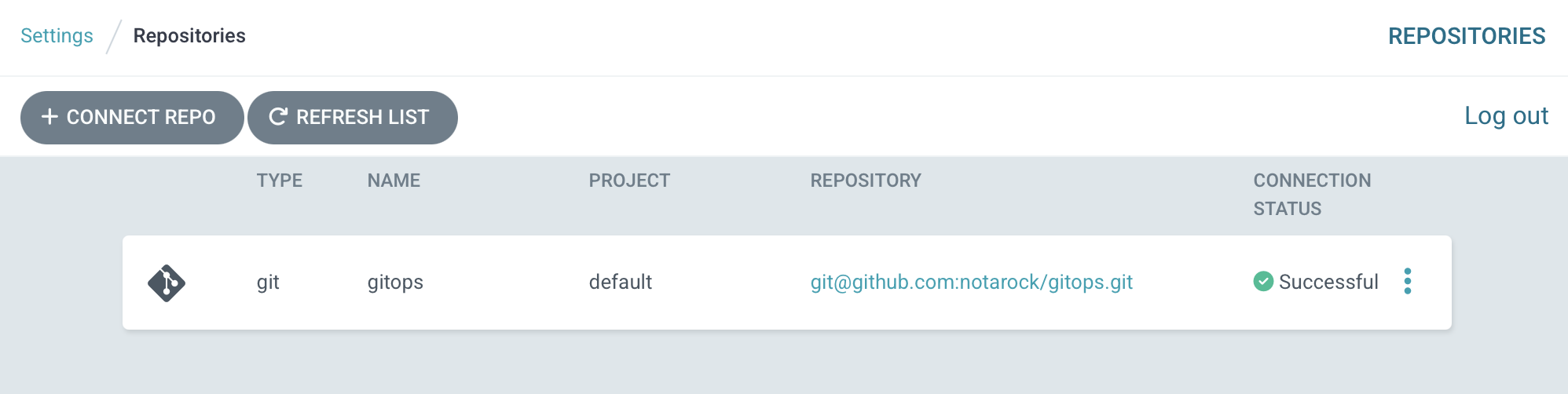 Type: Git, Name: GitOps, Project: Default, Repository: notarock/gitops, Connection Status: Successful