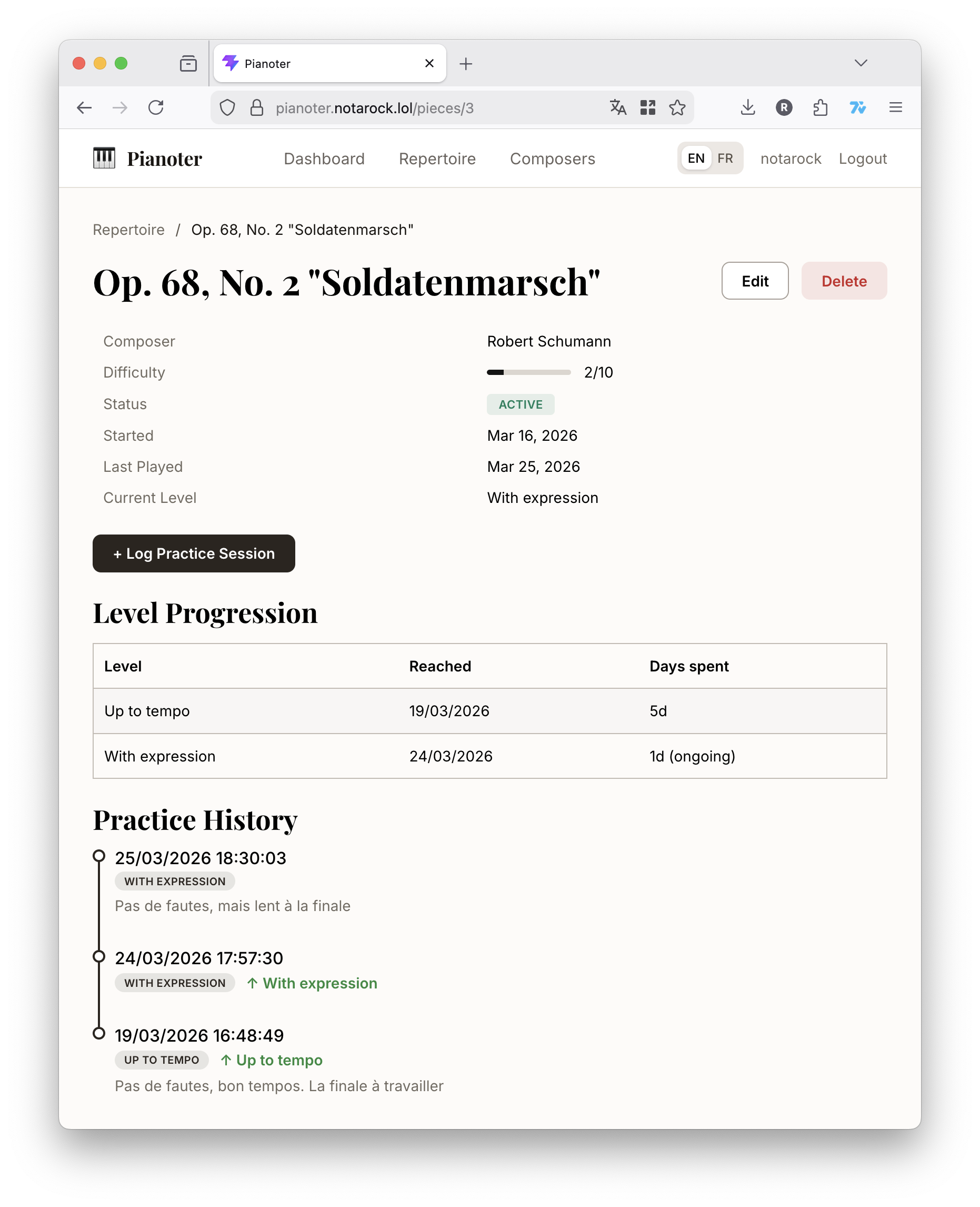 Pianoter piece detail view showing learning stages and practice log