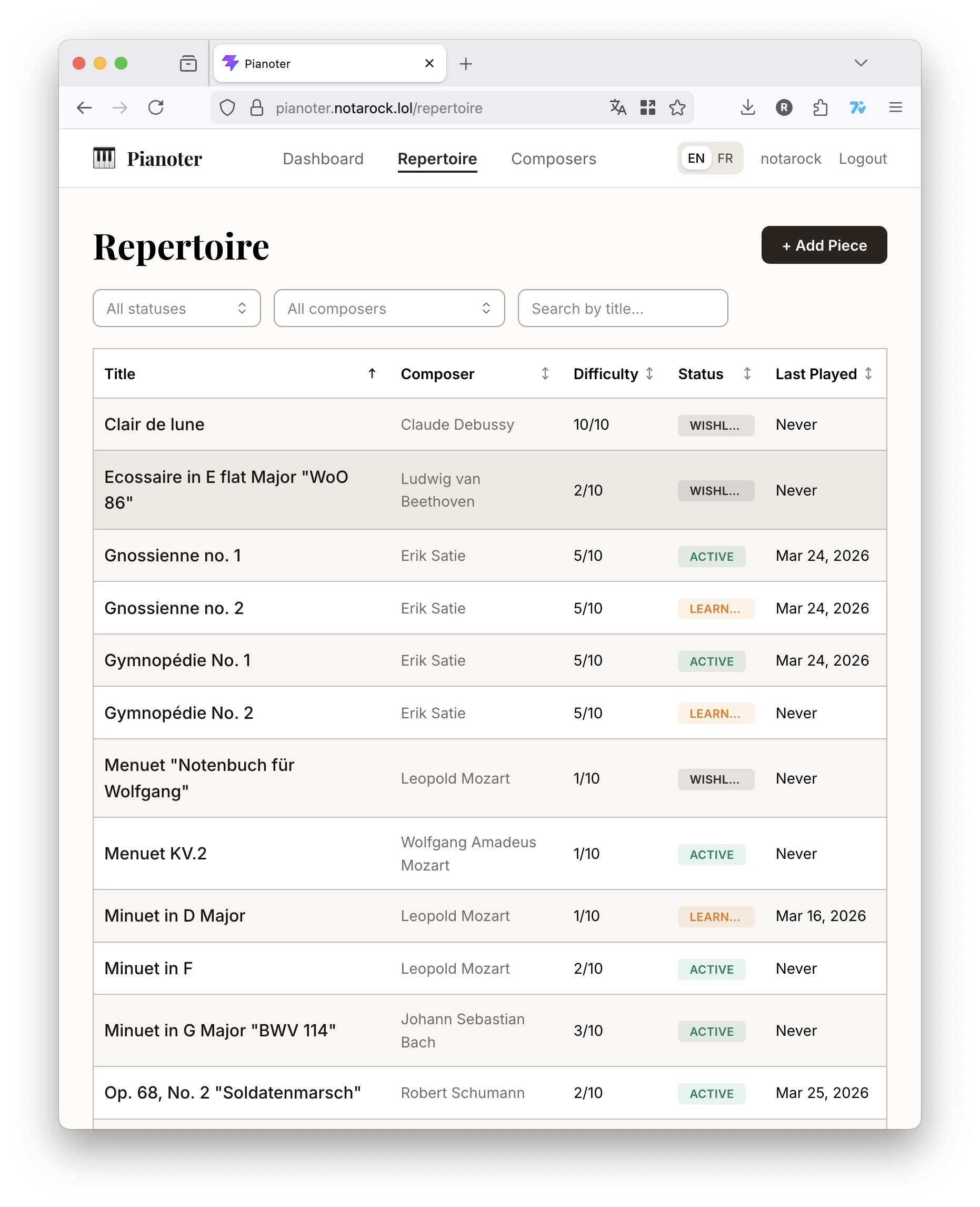 Pianoter dashboard showing repertoire overview and revisit reminders