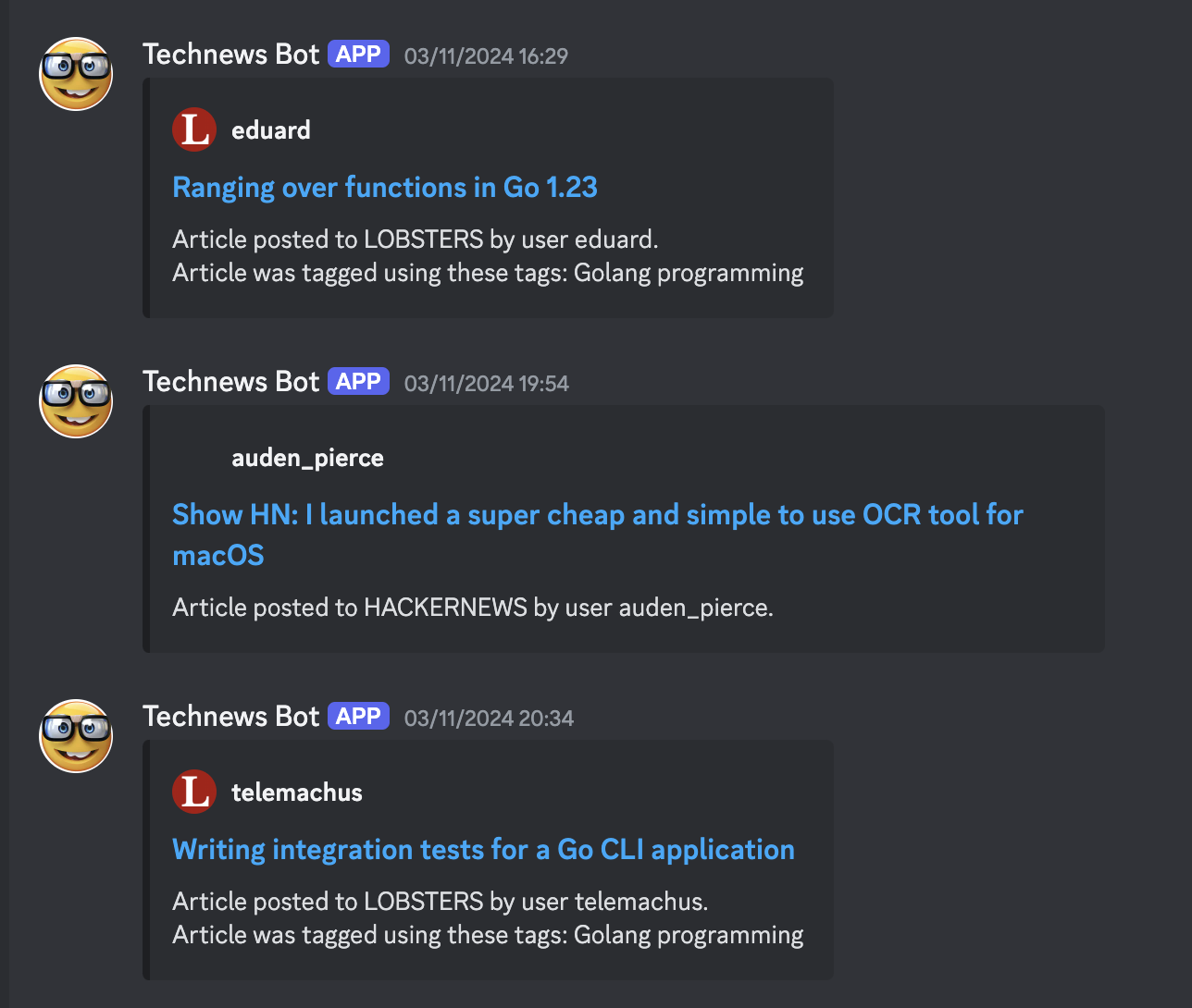 Technews Bot posted 3 articles to a discord channel